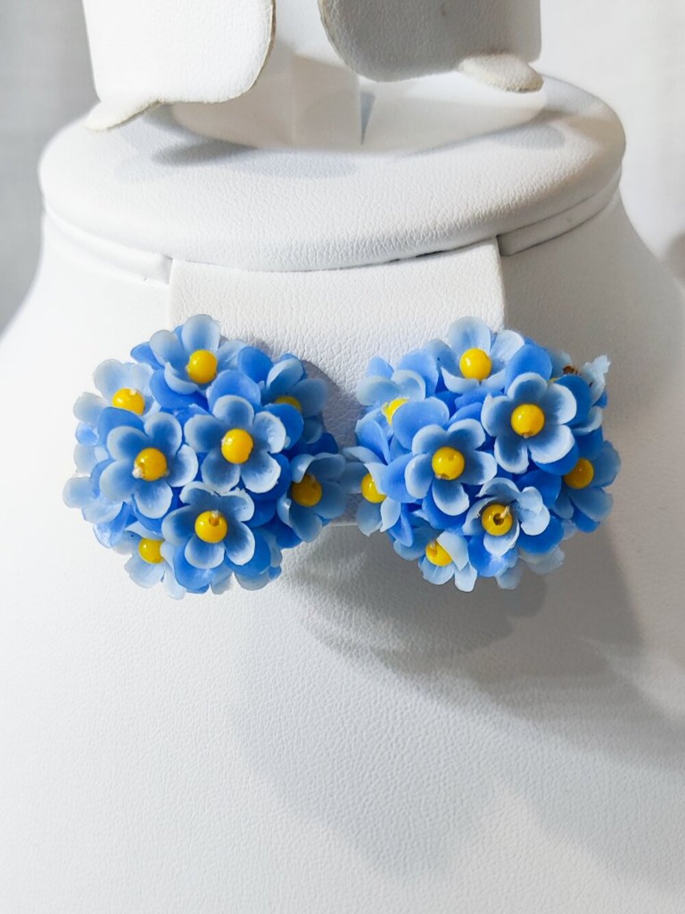 Vintage Hong Kong Blue Celluloid Flower Clip-On Earrings